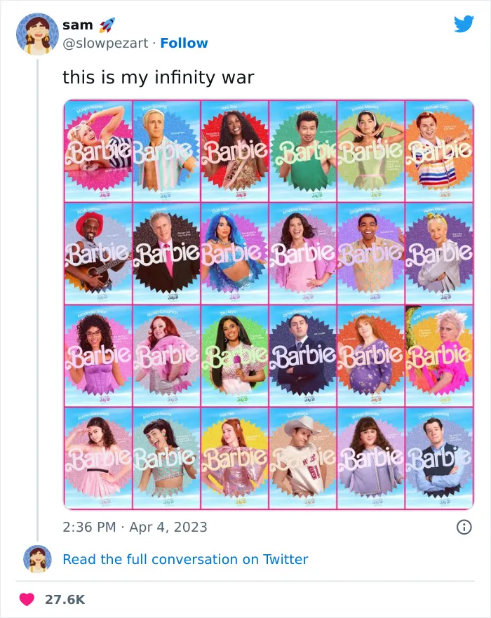 Grid of 'Barbie' movie characters used in a meme with the caption, "this is my infinity war."