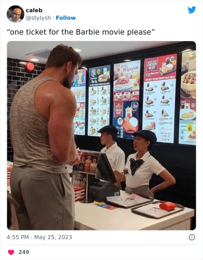 Person at fast-food counter jokingly asking for a "Barbie" movie ticket, creating a comedic meme moment.