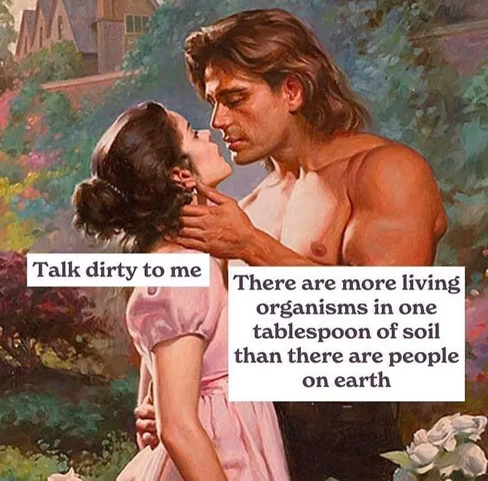 Romantic painting with a science meme about soil's living organisms surpassing Earth's human population.