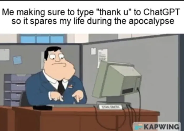 Cartoon character typing on a computer, humorously interacting with ChatGPT, showcasing a science meme.