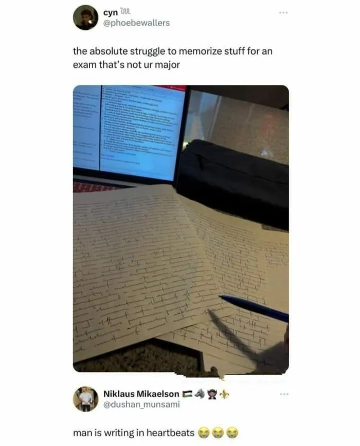 A science meme about the challenge of memorizing non-major exam content, with a photo of messy handwritten notes.