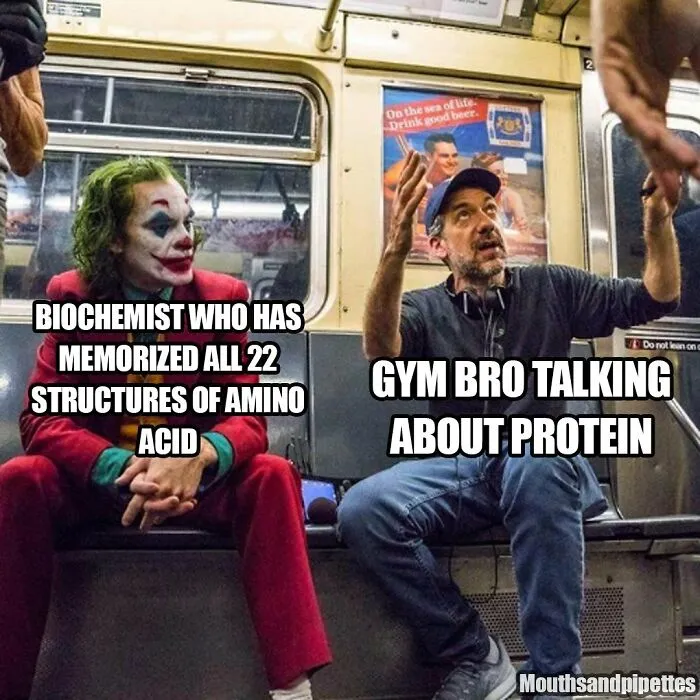 Two people on a subway, one dressed as a clown biochemist, the other a gym enthusiast discussing amino acids, creating a science meme.