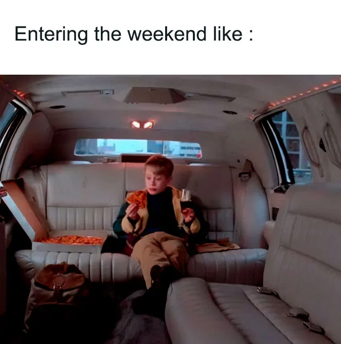 Child in a limo enjoying pizza, embodying a witty and smart weekend meme vibe.