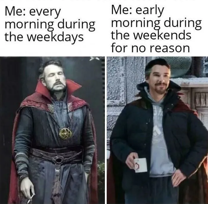 "Witty weekend meme showing contrasting morning moods with a superhero theme."