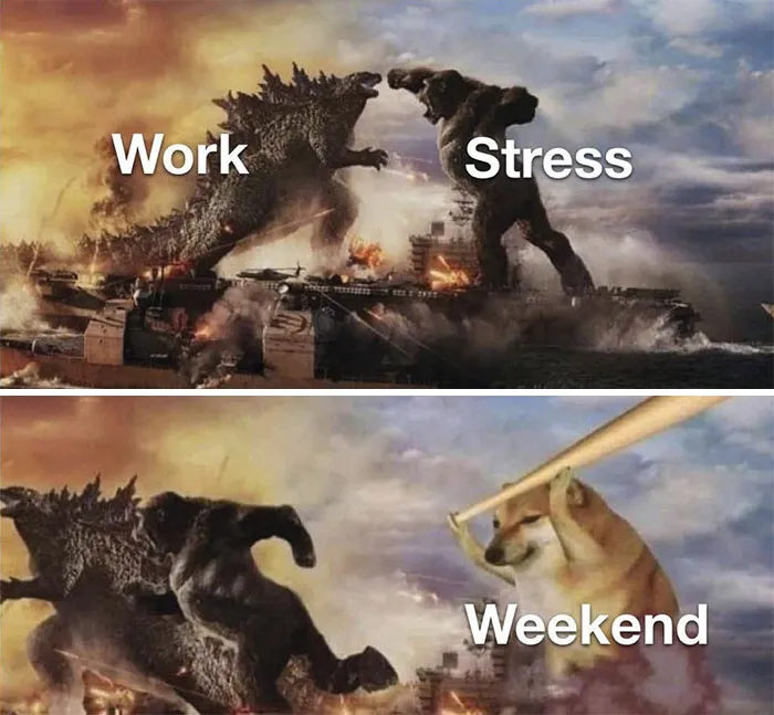 Weekend meme showing a dog defeating stress and work characters in a humorous battle scene.