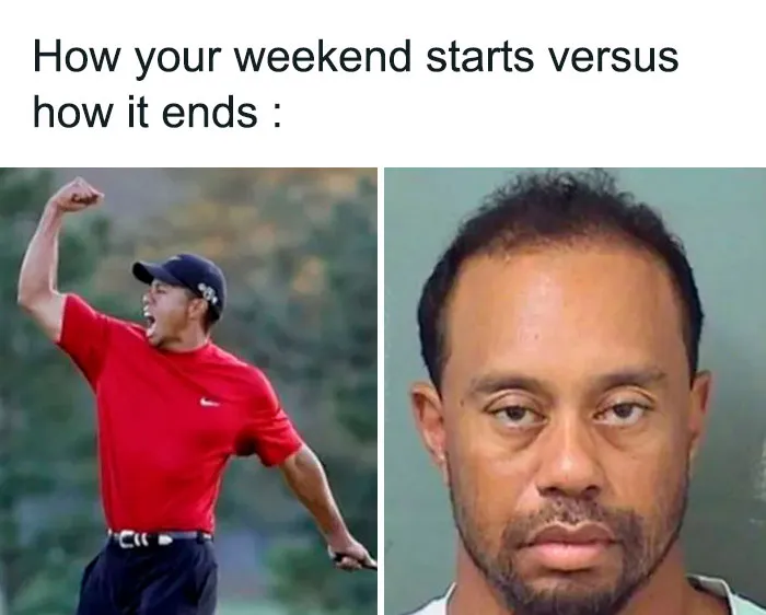 Two images compare the start and end of a weekend, humorously illustrating witty weekend memes.