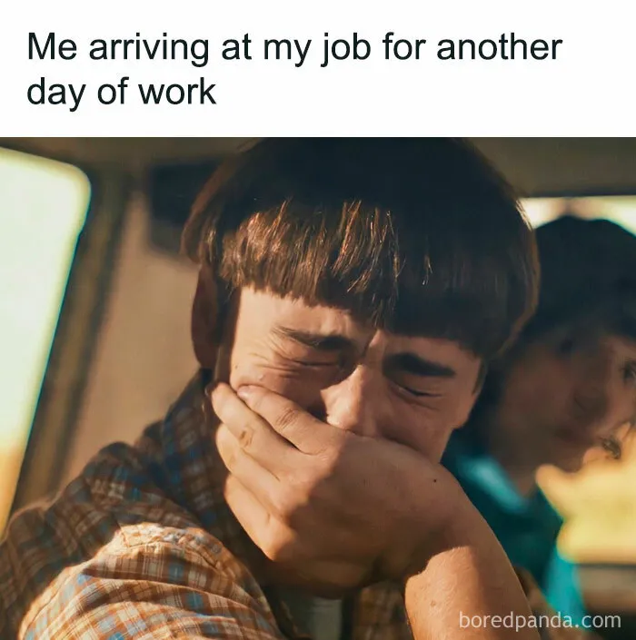 Person crying with hand over mouth, capturing the humor of adult work life.