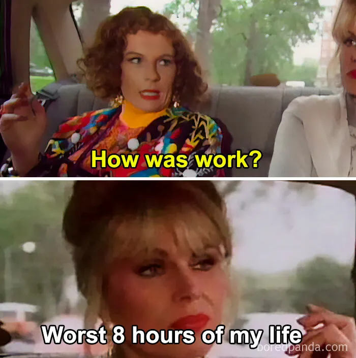 Two women in a car, humorously discussing work's impact on adult life.