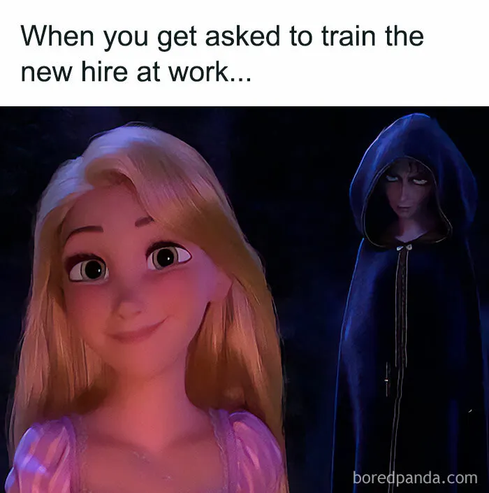 Funny meme about work: a smiling woman with a hooded figure in the background, captioned with training a new hire.