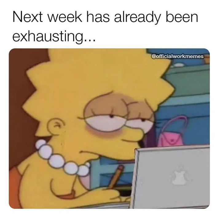 Cartoon character looking exhausted at a laptop, humorously depicting work and adult life struggles.