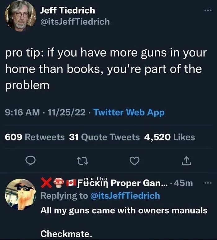 Funny meme about life: witty exchange on Twitter discussing guns versus books, highlighting humor in everyday situations.