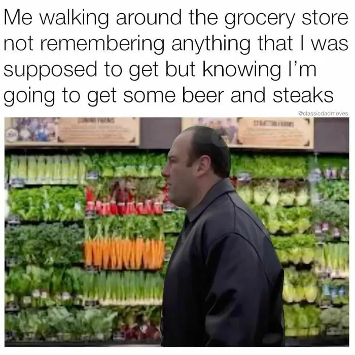 Man in grocery store aisle, caption highlighting classic dad moves and forgetfulness about shopping list.