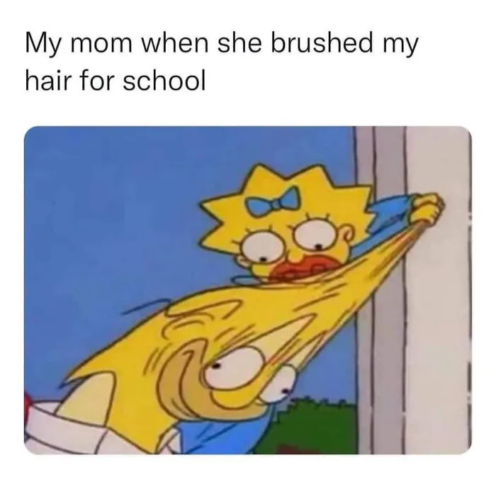 Character with stretched hair, humorously representing mom brushing hair for school; funny meme from Instagram pages.