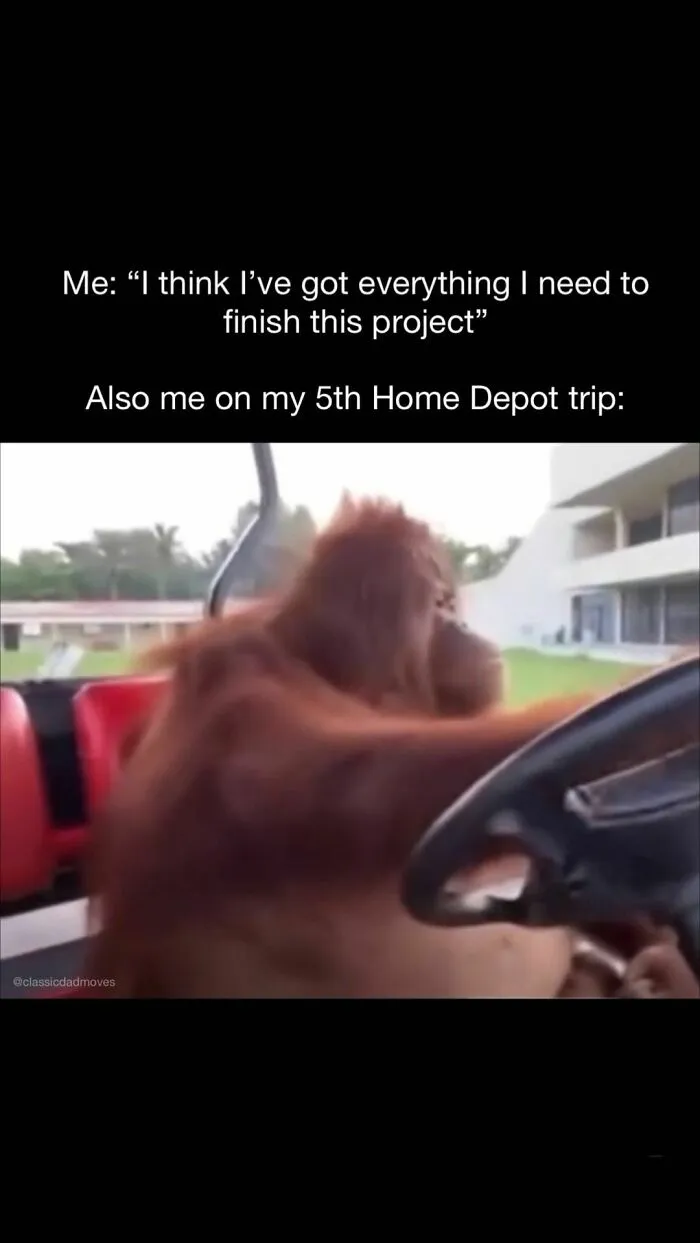 Orangutan driving a golf cart, humorously illustrating classic dad moves with multiple Home Depot trips.