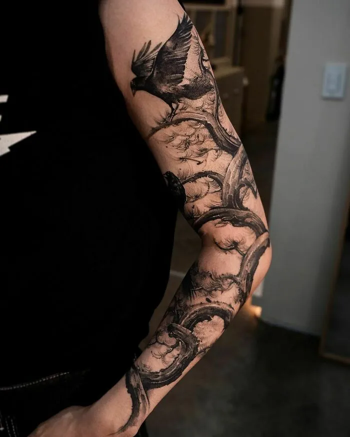 Koreab Red Pine And Crow Sleeve Tattoo