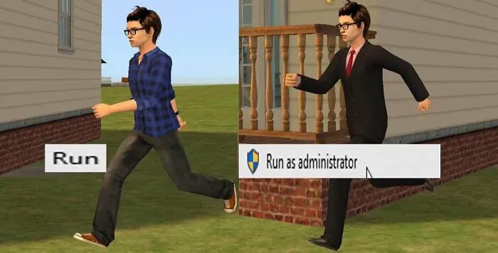 Two characters running in a computer game, labeled as "Run" and "Run as administrator" science meme.