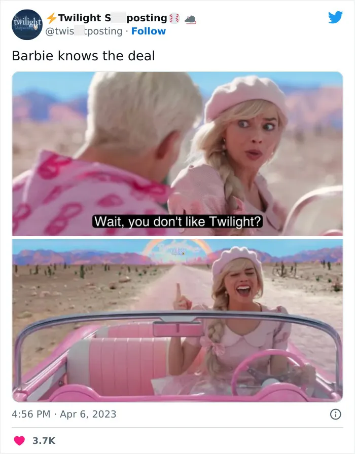 Barbie meme with character reacting playfully to "Twilight" mention while driving a pink car in a desert landscape.