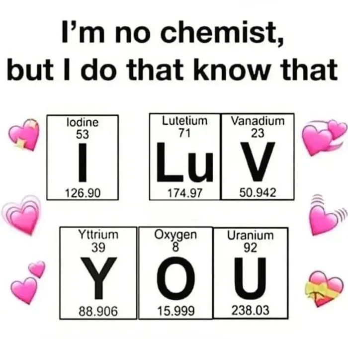 Chemistry meme with elements spelling "I LuV YOU" using periodic table symbols and surrounded by heart icons.