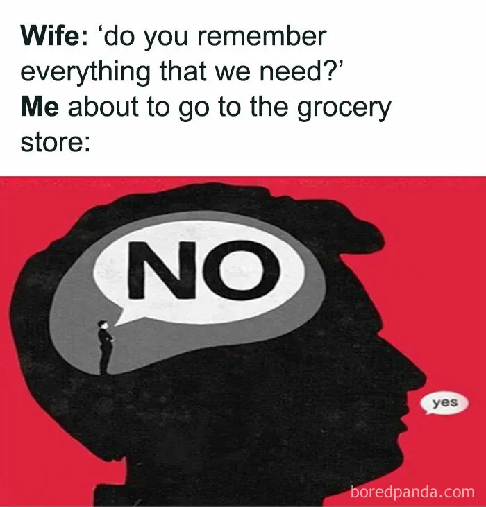 Dad brain meme: Silhouette of a man's head with "NO" bubble, reflecting forgetfulness before grocery shopping.