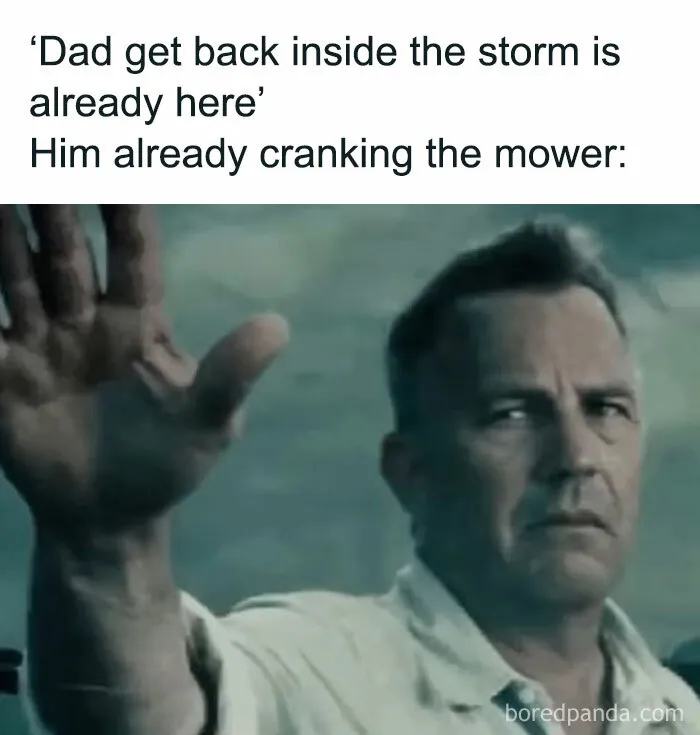 Man determinedly goes outside during a storm, embodying classic dad moves humor.
