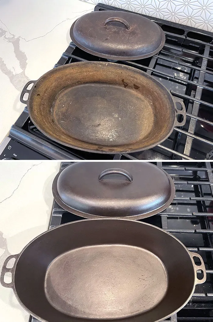 Horno de hierro fundido de mi tatarabuela, alrededor de 1880. Antes y después de limpiar y sazonar
