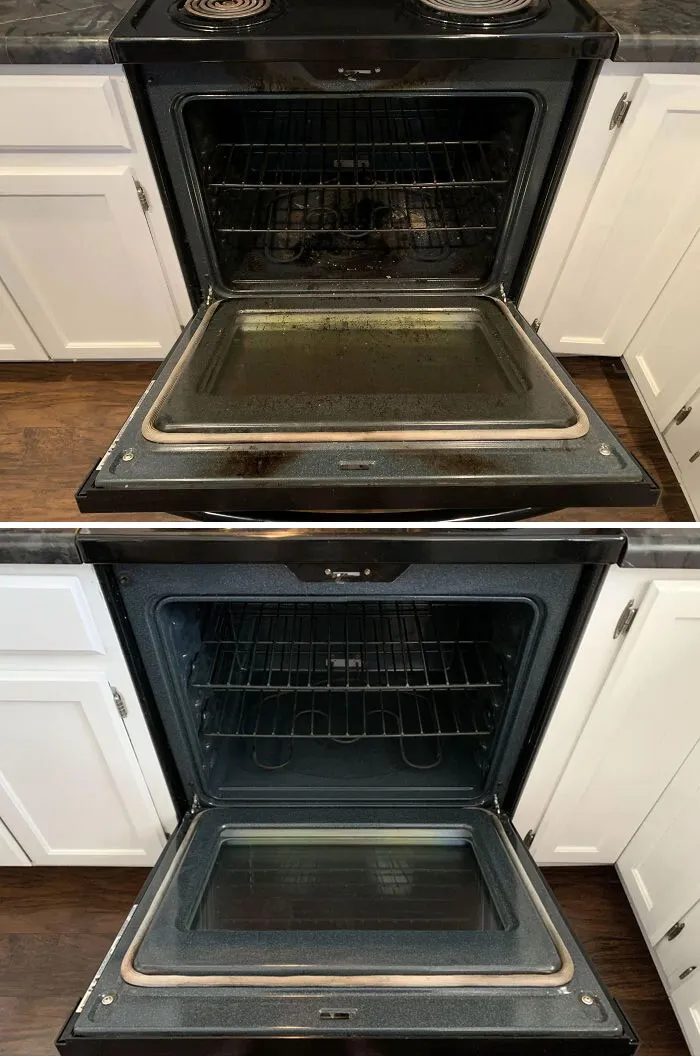 Ayer limpié el horno de mi abuela. El antes y el después se siente tan bien. (Ella tiene 96 años, así que sed amables con la foto del antes)