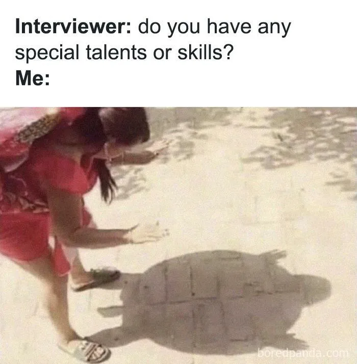 A woman in red squatting and gesturing at her turtle-shaped shadow, a relatable introvert meme about hidden talents.
