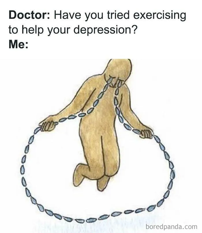 Person skipping rope made of tears, illustrating a relatable introvert meme on coping with depression advice.
