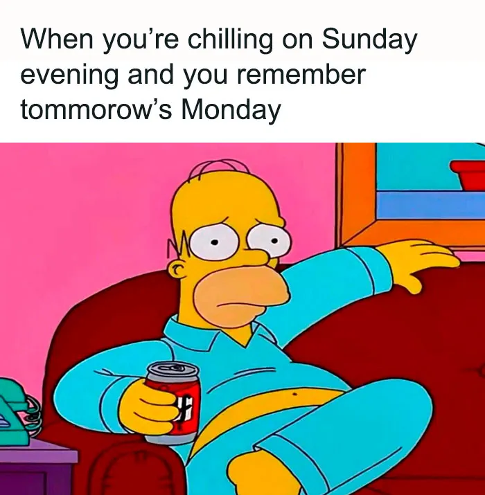 Cartoon character looking worried on Sunday evening about the upcoming Monday, while holding a drink.