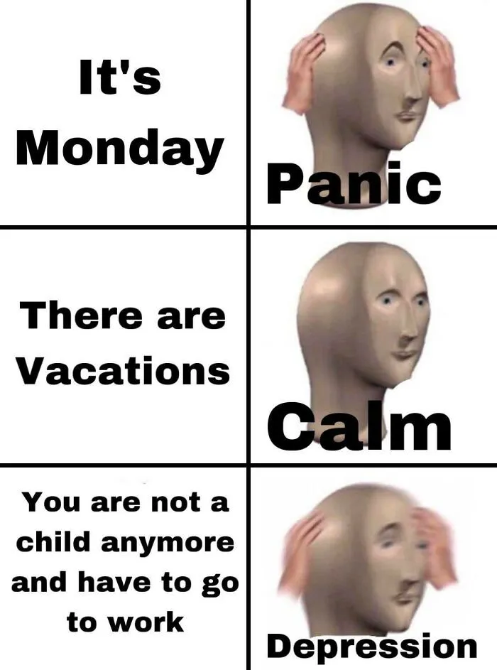 Meme shows different reactions to Monday: panic, calm, and depression, humorously capturing Monday memes.