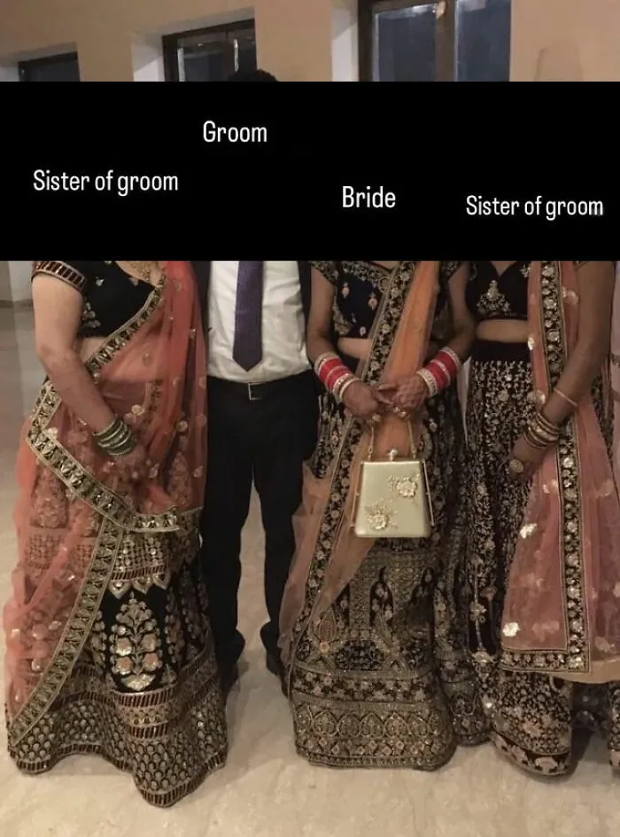 Family Wedding In India. The Groom’s Sisters Had Dresses, Makeup, Jewellery And Hair Done Similar To The Bride. The Only Difference Is Bride’s Red Wedding Bangles. That’s A Lot Even For Indian Customs!