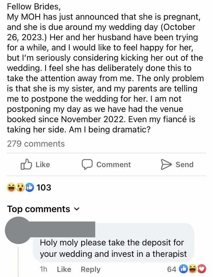 Pregnant Sister Obviously Got Pregnant On Purpose To Ruin The Wedding