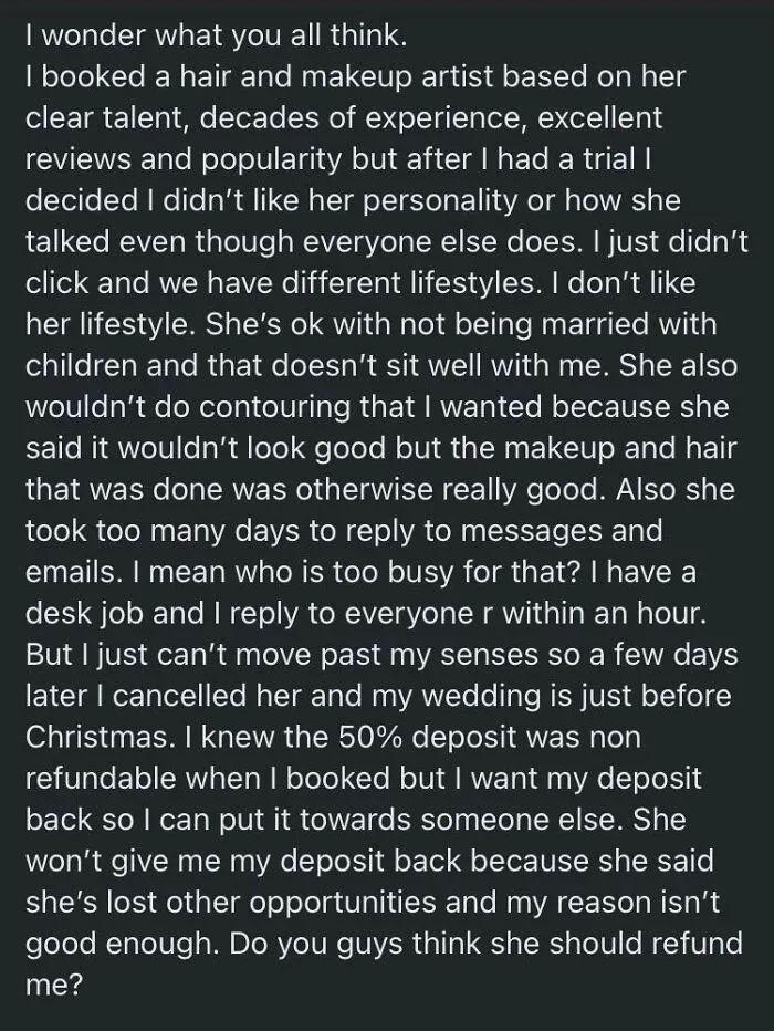 Bride Cancels Mua Because Mua Is Not Married And Has Kids. Bride Wants Deposit Back