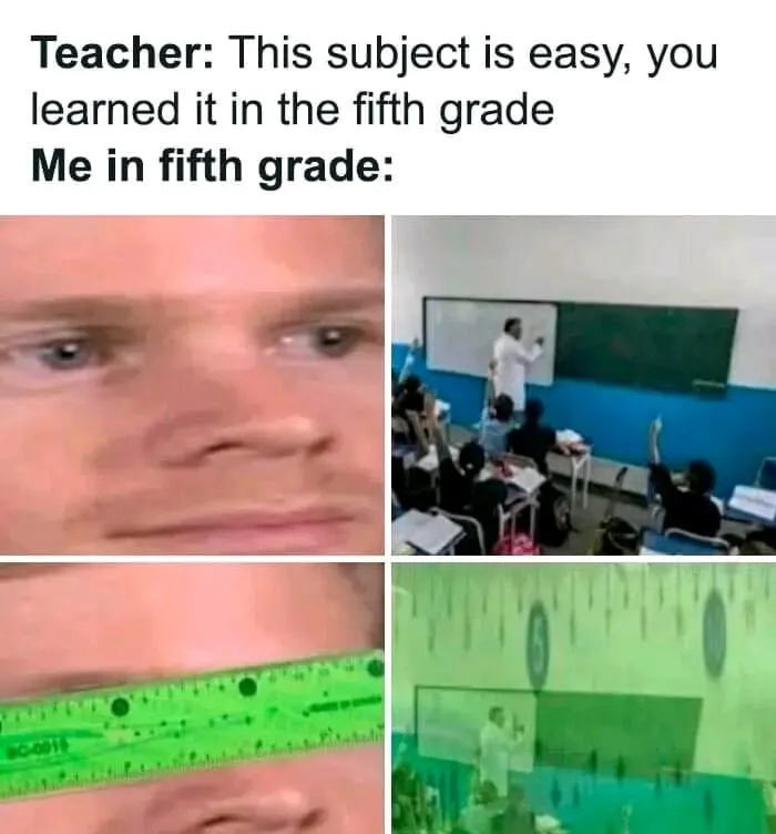 Close-up confused face and classroom scenes highlighting math struggles, part of hilarious math memes for math fans.