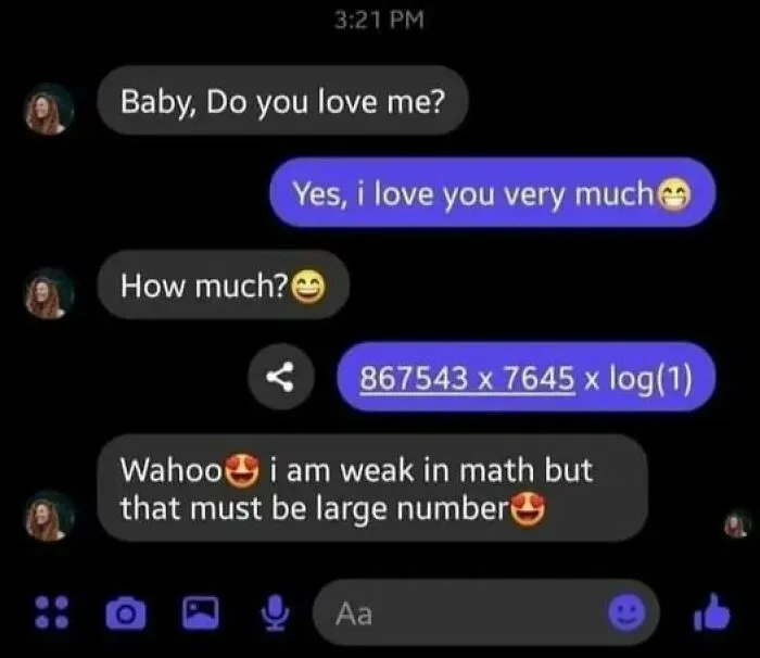 Chat conversation with a math meme joke about large numbers and logarithms.