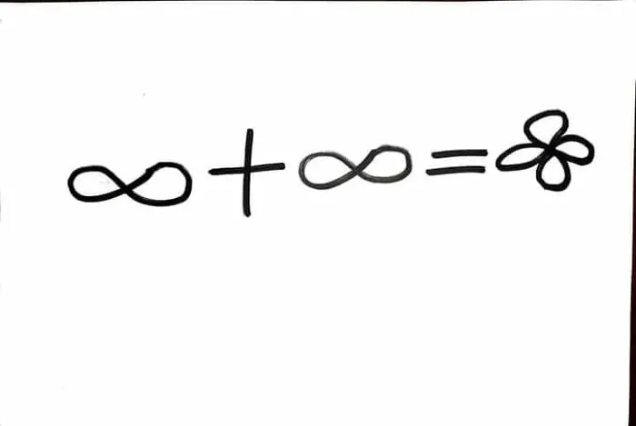 Hand-drawn math meme showing infinity symbol plus infinity equals a flower, illustrating a hilarious math concept.