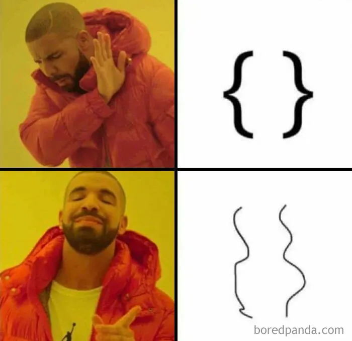 Drake meme expressing preference for math symbol humor with squiggly brackets over curly brackets.