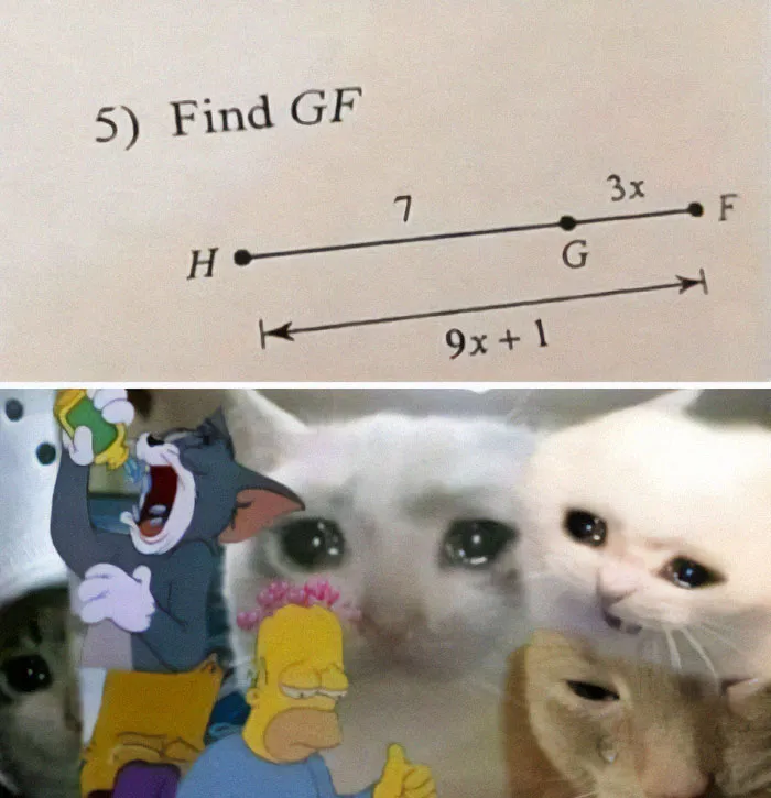 Math meme showing a geometry problem with a line segment and popular funny cartoon characters reacting.