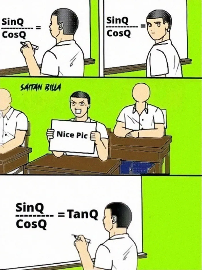 Math meme featuring a student solving trigonometric equations with a humorous reaction from classmates.