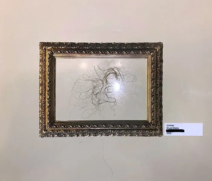 Mi esposa suele recoger su pelo y pegarlo a la pared en la ducha para que no se vaya por el desagüe. Así que hoy me divertí un poco y lo enmarqué