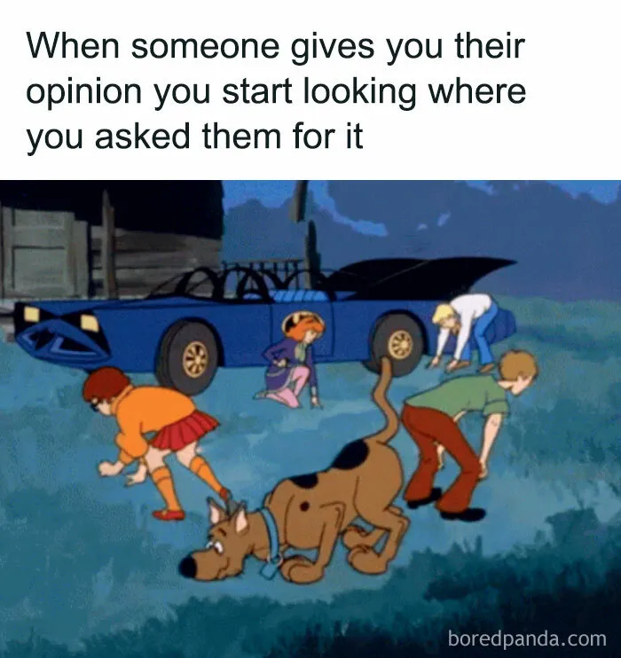 Cartoon characters humorously searching for opinions, capturing a hilarious meme moment.