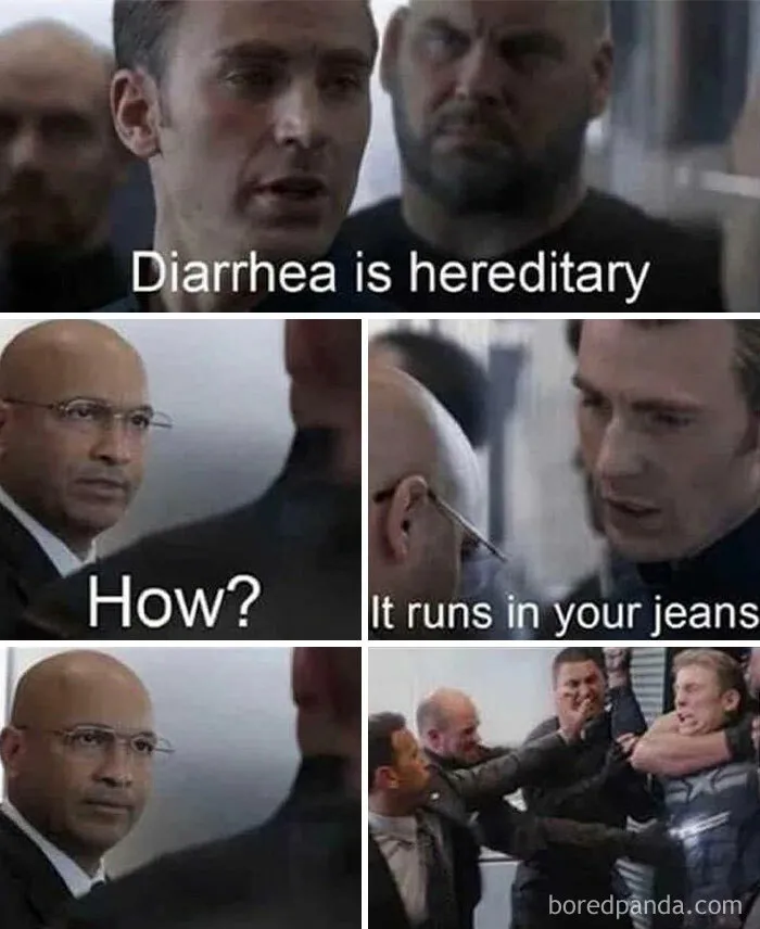 Funny life meme with characters discussing hereditary diarrhea joke on a train, emphasizing humor in everyday situations.