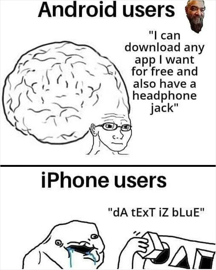 Funny meme illustrating the differences between Android and iPhone users, emphasizing life humor.