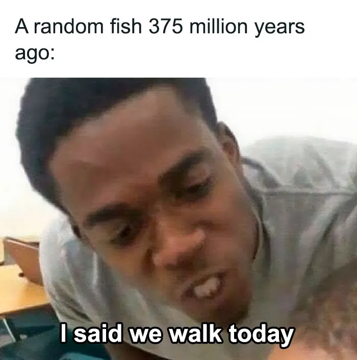 Man humorously mimicking a fish evolving to walk, part of a science meme.