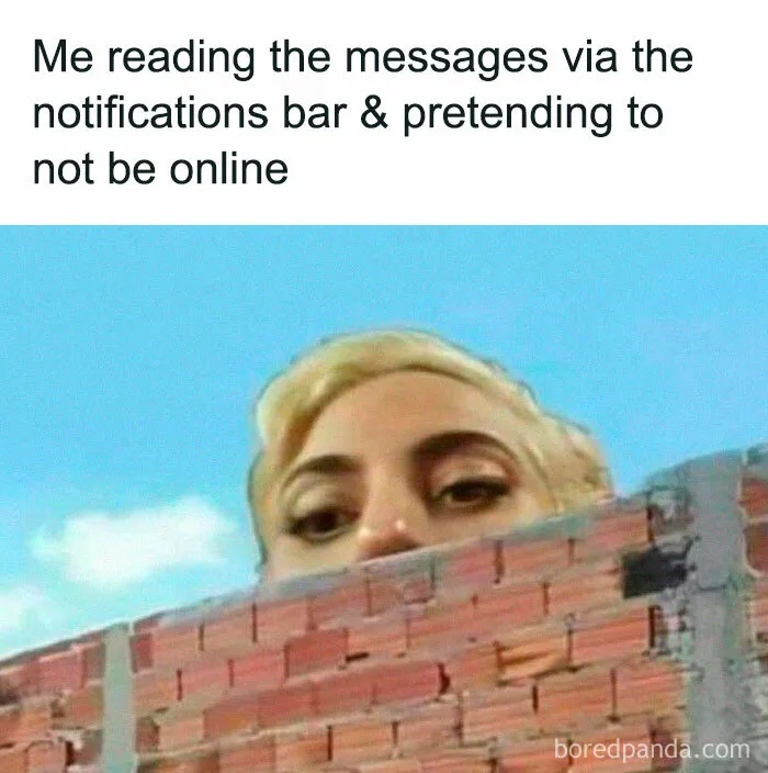 A relatable meme of a person peeking over a brick wall, humorously pretending not to read messages online.