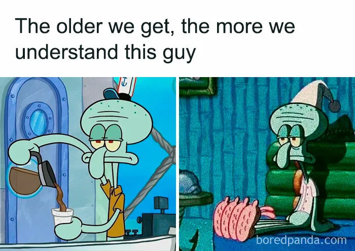 Relatable memes featuring a tired cartoon character at work and in bed, expressing adult sentiments.