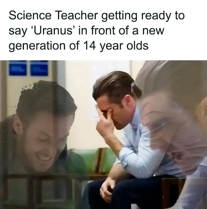 Man facepalming, preparing to say "Uranus" in front of teens; a humorous science meme.