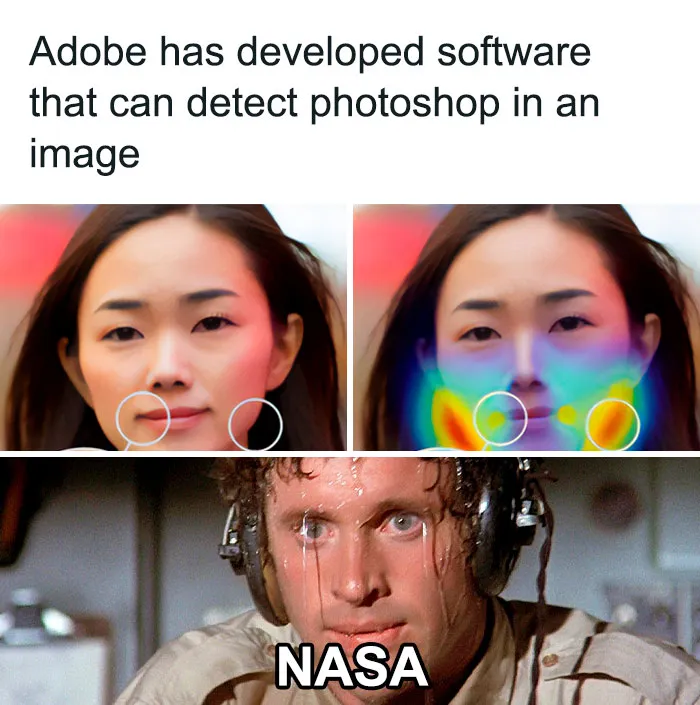 Science meme comparing Adobe's Photoshop detection and NASA's stress.