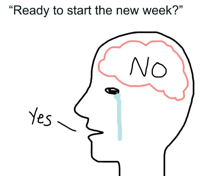 Monday meme depicting a brain saying "No" and the mouth saying "Yes," expressing reluctance.