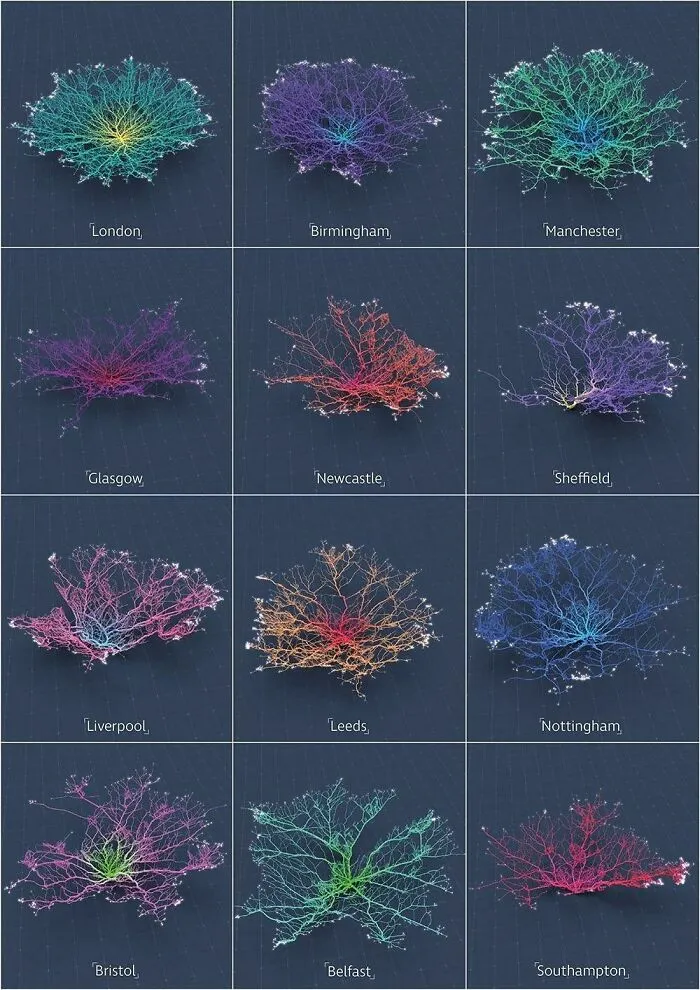 Las ciudades parecen corales al mostrar sus redes de carreteras